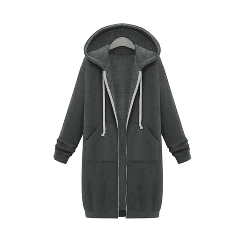 Women's longline zip hoodie with drawstring hood, midweight fabric, extended length, cozy style for cooler seasons.