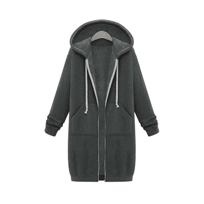 Women's longline zip hoodie with drawstring hood, midweight fabric, extended length, cozy style for cooler seasons.