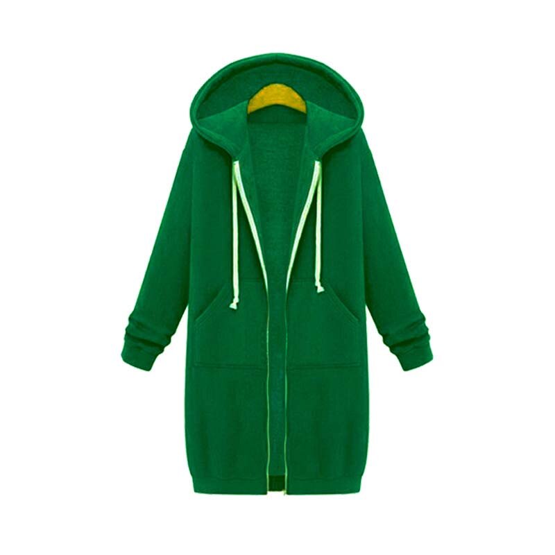 Women's longline zip hoodie with drawstring hood, midweight fabric, extended length, cozy style for cooler seasons.
