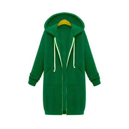Women's longline zip hoodie with drawstring hood, midweight fabric, extended length, cozy style for cooler seasons.