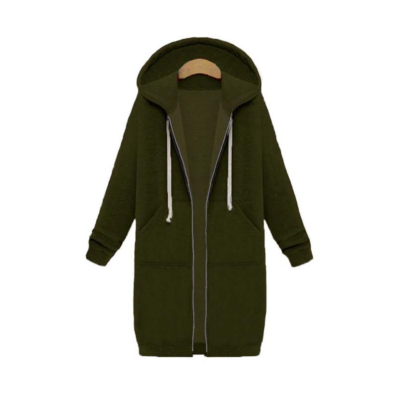 Women's longline zip hoodie with drawstring hood, midweight fabric, extended length, cozy style for cooler seasons.