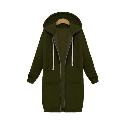 Women's longline zip hoodie with drawstring hood, midweight fabric, extended length, cozy style for cooler seasons.