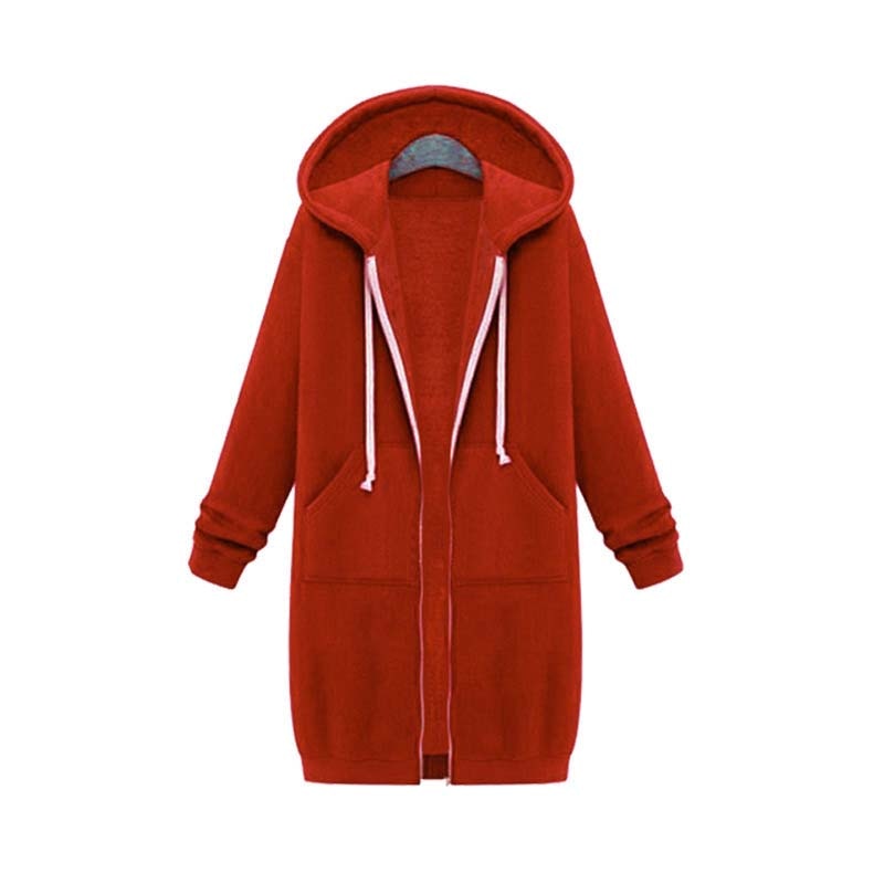 Women's longline zip hoodie with drawstring hood, midweight fabric, extended length, cozy style for cooler seasons.