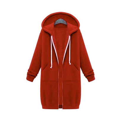 Women's longline zip hoodie with drawstring hood, midweight fabric, extended length, cozy style for cooler seasons.