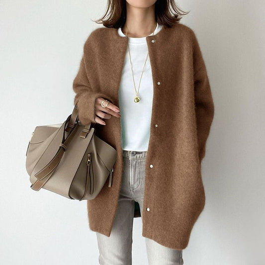 Women's Luxe Wool Cardigan with Suede Accents - Lexians