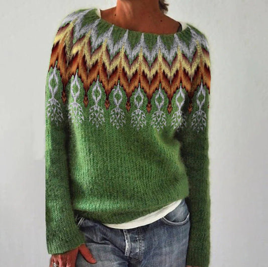 Women's multicolor knit patterned sweater with crew neck, showcasing bold colors and unique design, front view.