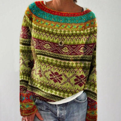 Women's multicolor knit patterned sweater with crew neck, showcasing bold colors and unique design, front view.