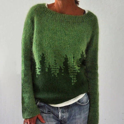Women's multicolor knit patterned sweater with crew neck, showcasing bold colors and unique design, front view.
