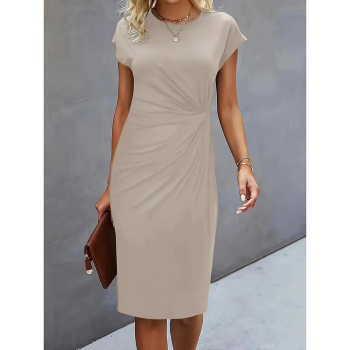 Women's ruched bodycon midi dress, cap sleeves, side ruching, tailored fit, knee-length, chic and elegant style.