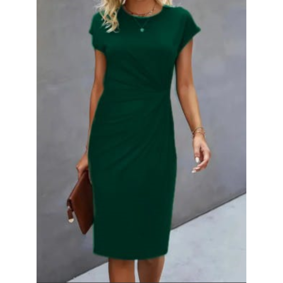 Women's ruched bodycon midi dress, cap sleeves, side ruching, tailored fit, knee-length, chic and elegant style.