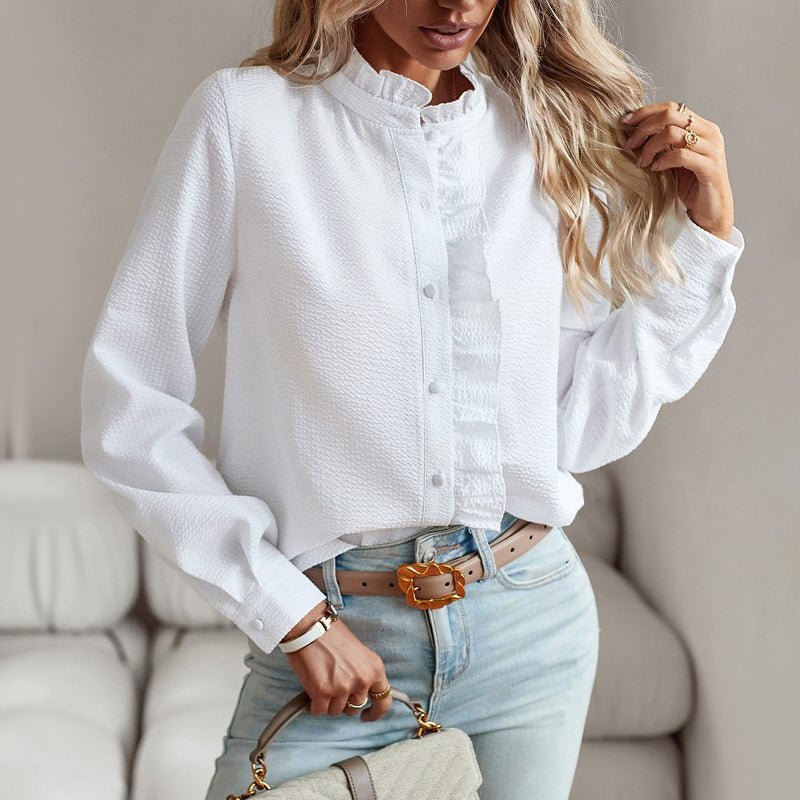 Women's Ruffle Trim Long Sleeve Shirt in Cotton - Poly Blend - Lexians