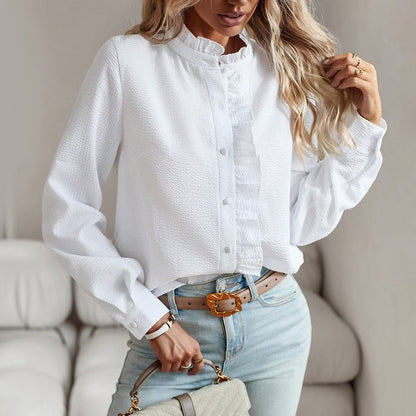 Women's Ruffle Trim Long Sleeve Shirt in Cotton - Poly Blend - Lexians