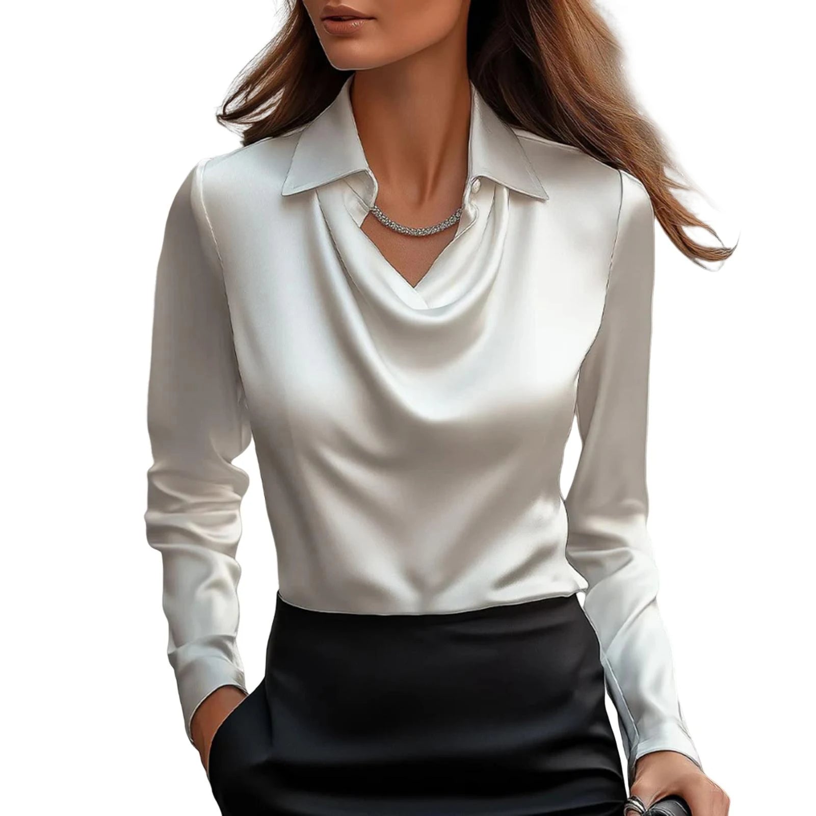 Women's Satin Cowl Neck Blouse with Swing Collar - Lexians