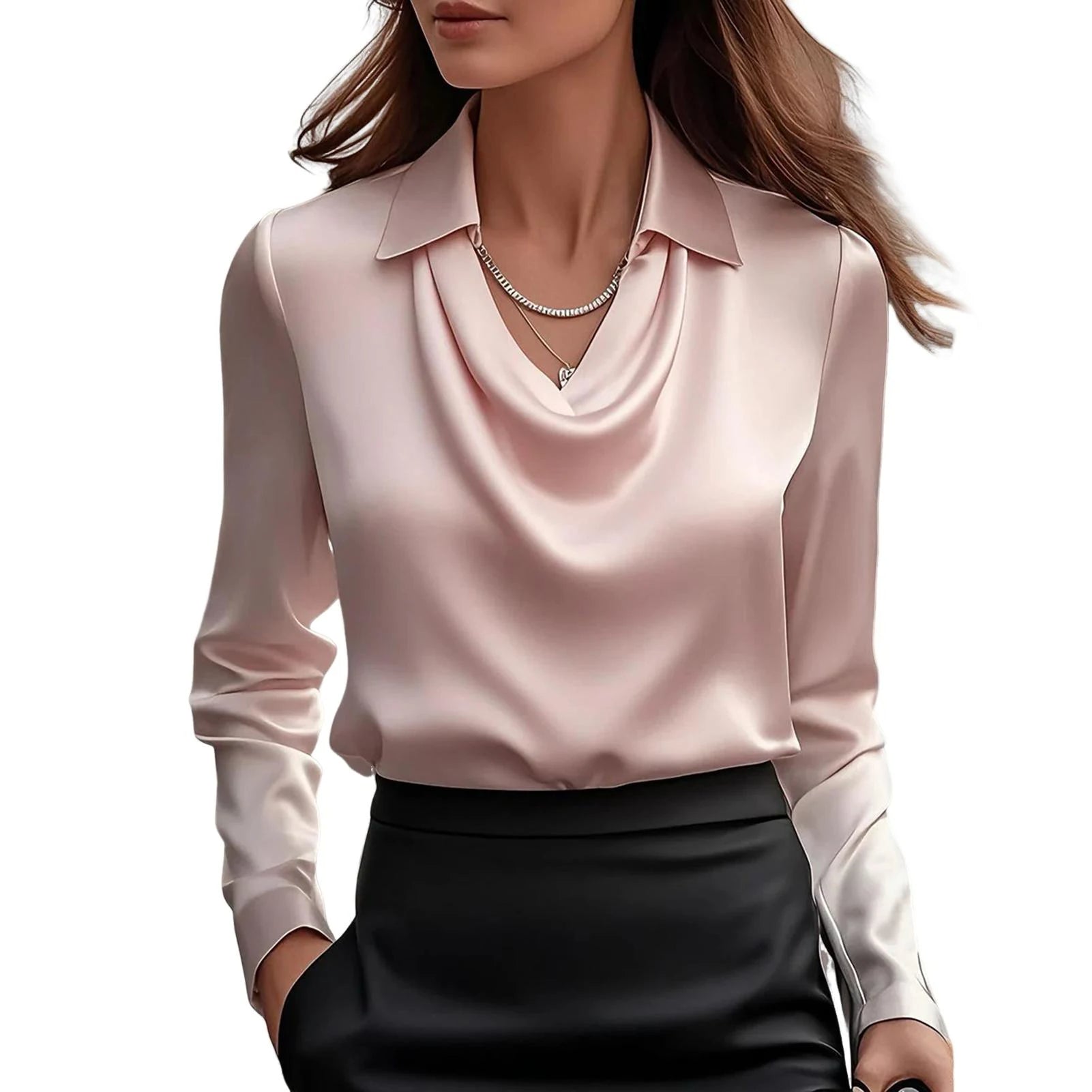 Women's Satin Cowl Neck Blouse with Swing Collar - Lexians