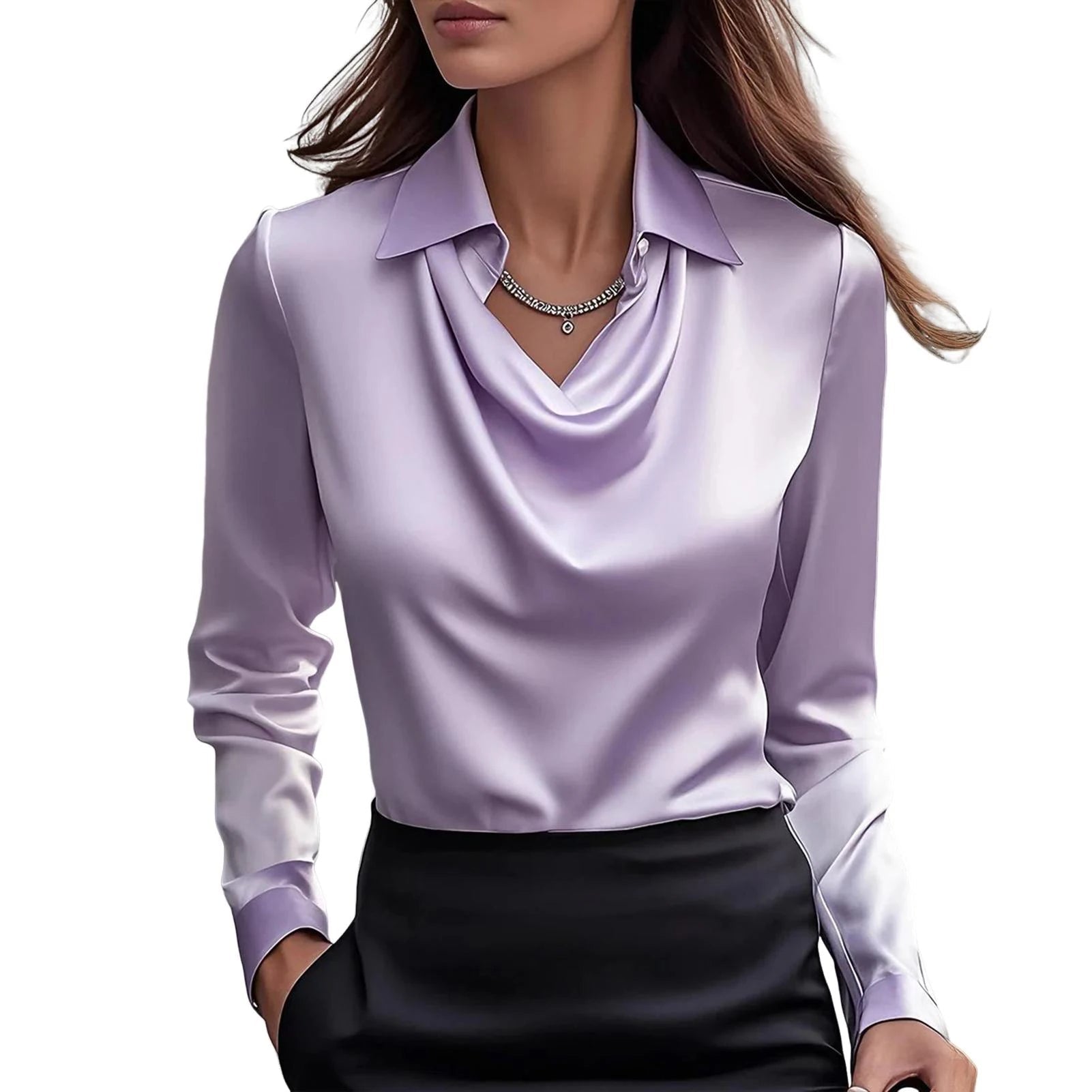 Women's Satin Cowl Neck Blouse with Swing Collar - Lexians