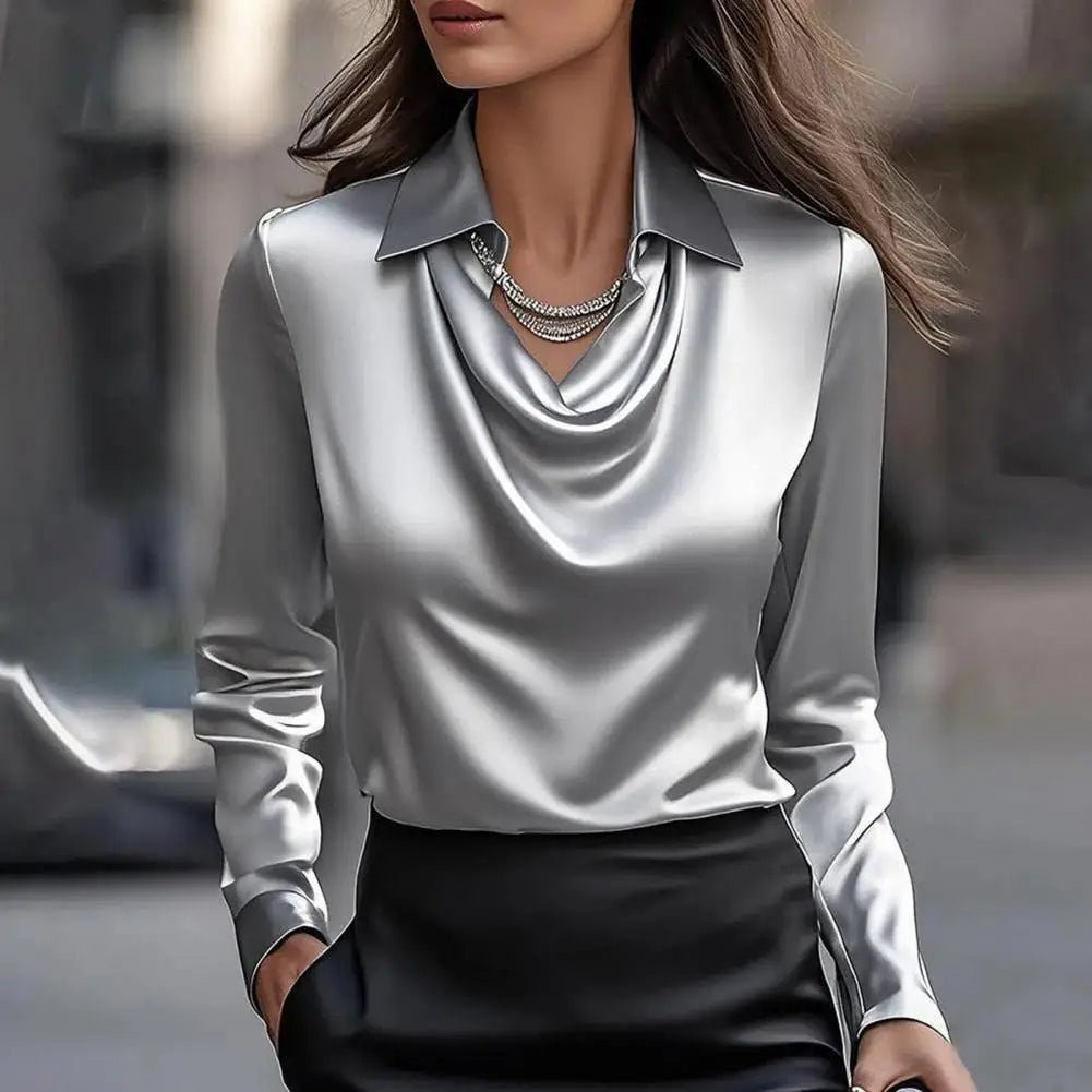 Women's Satin Cowl Neck Blouse with Swing Collar - Lexians