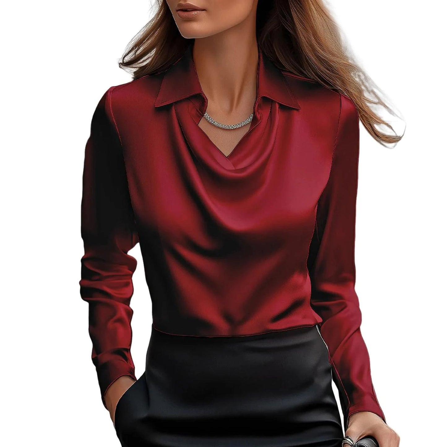 Women's Satin Cowl Neck Blouse with Swing Collar - Lexians