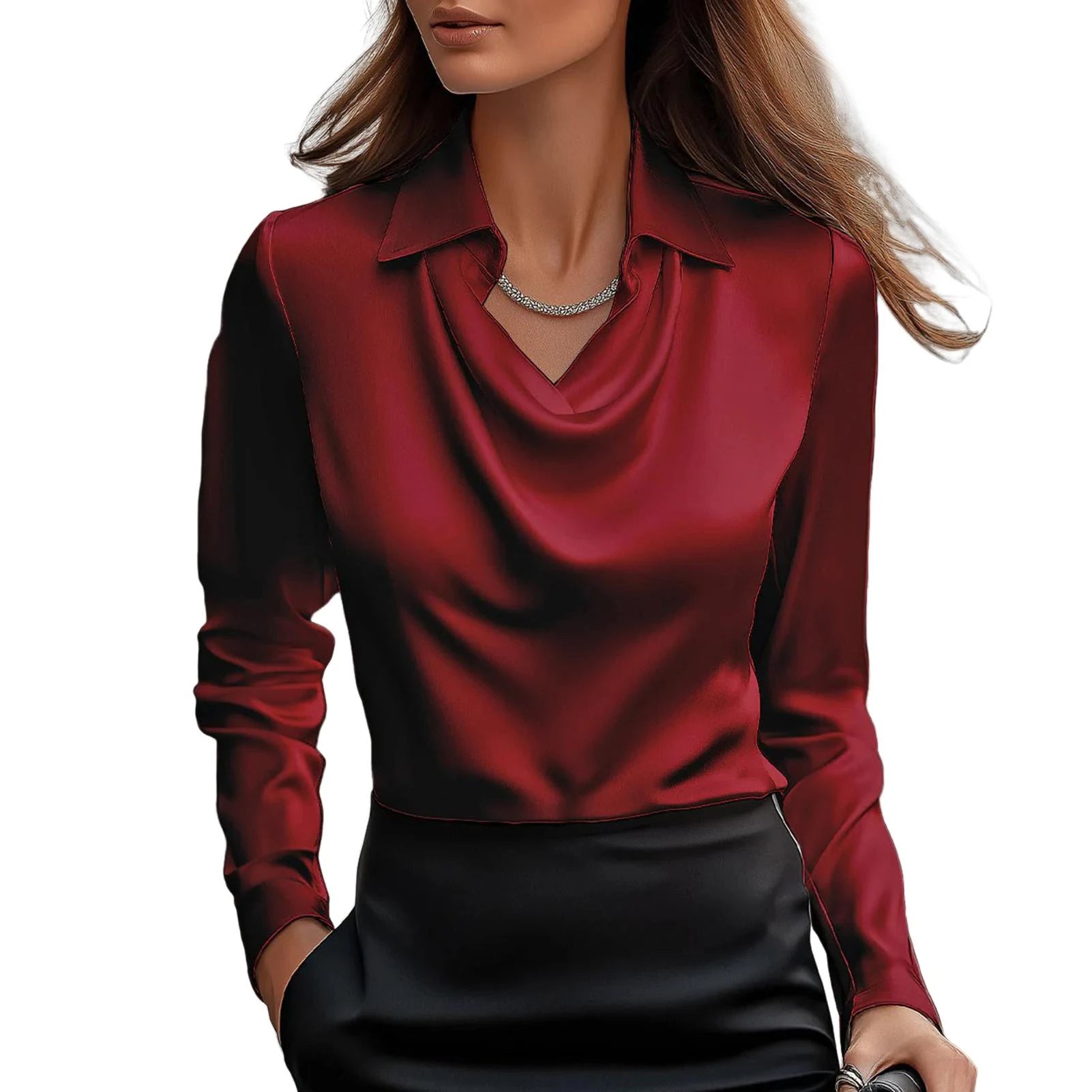 Women's Satin Cowl Neck Blouse with Swing Collar - Lexians