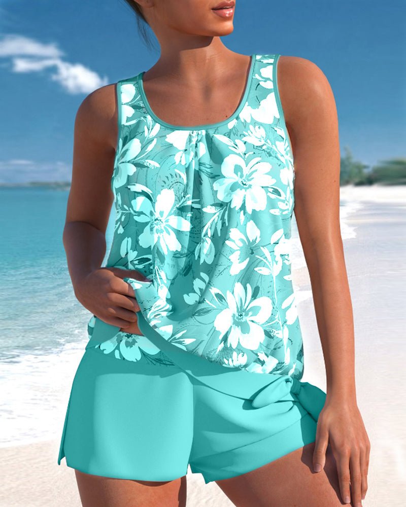 Women's Scoop Neck Tankini Set with Mid - Rise Shorts - Lexians