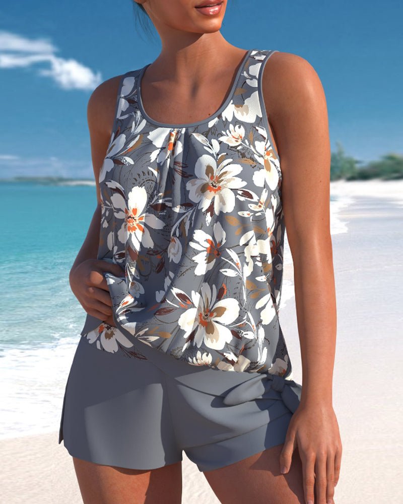 Women's Scoop Neck Tankini Set with Mid - Rise Shorts - Lexians