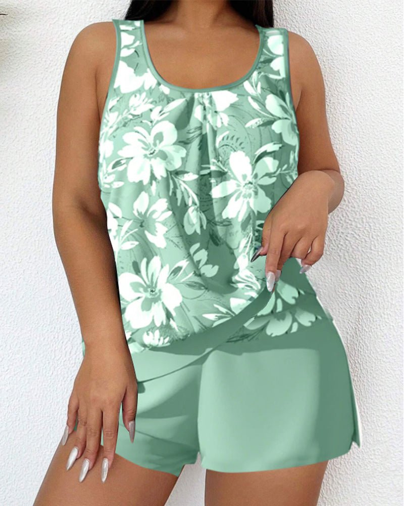 Women's Scoop Neck Tankini Set with Mid - Rise Shorts - Lexians