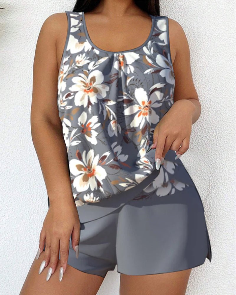 Women's Scoop Neck Tankini Set with Mid - Rise Shorts - Lexians