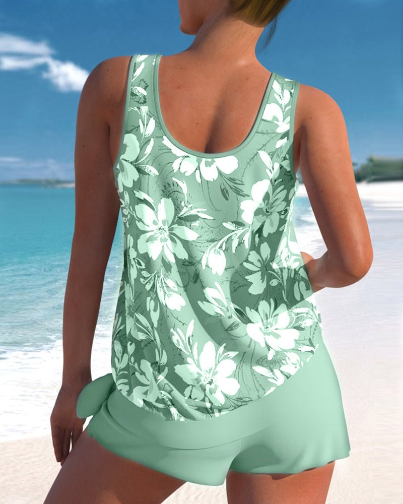 Women's Scoop Neck Tankini Set with Mid - Rise Shorts - Lexians
