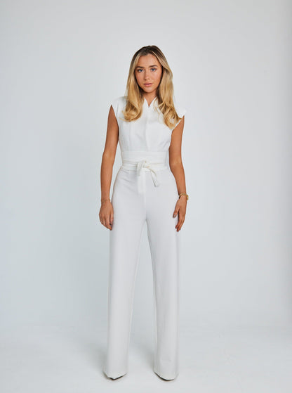 "Women's sleeveless belted jumpsuit with wide-leg, soft fabric, and detachable belt for stylish and comfortable wear."