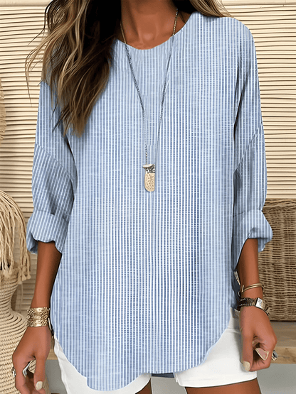 Women's Striped Casual Blouse with Roll - Tab Sleeves - Lexians