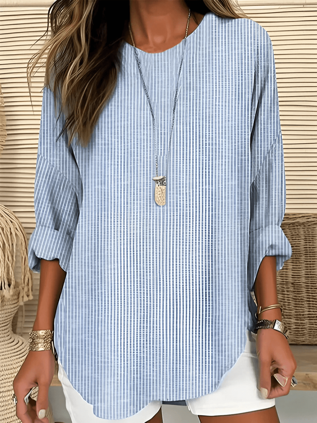 Women's Striped Casual Blouse with Roll - Tab Sleeves - Lexians
