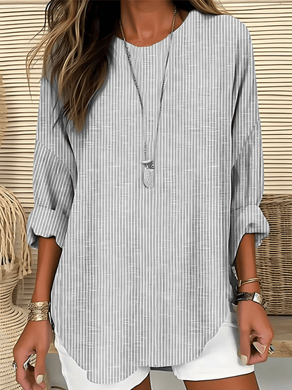 Women's Striped Casual Blouse with Roll - Tab Sleeves - Lexians