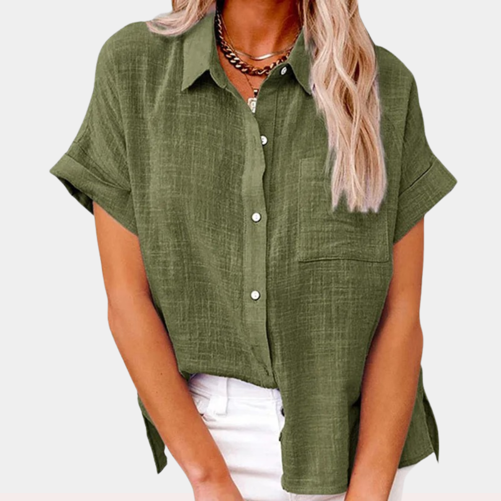 "Women's summer blouse with button-down front and classic collar, relaxed fit in light blue, front view."
