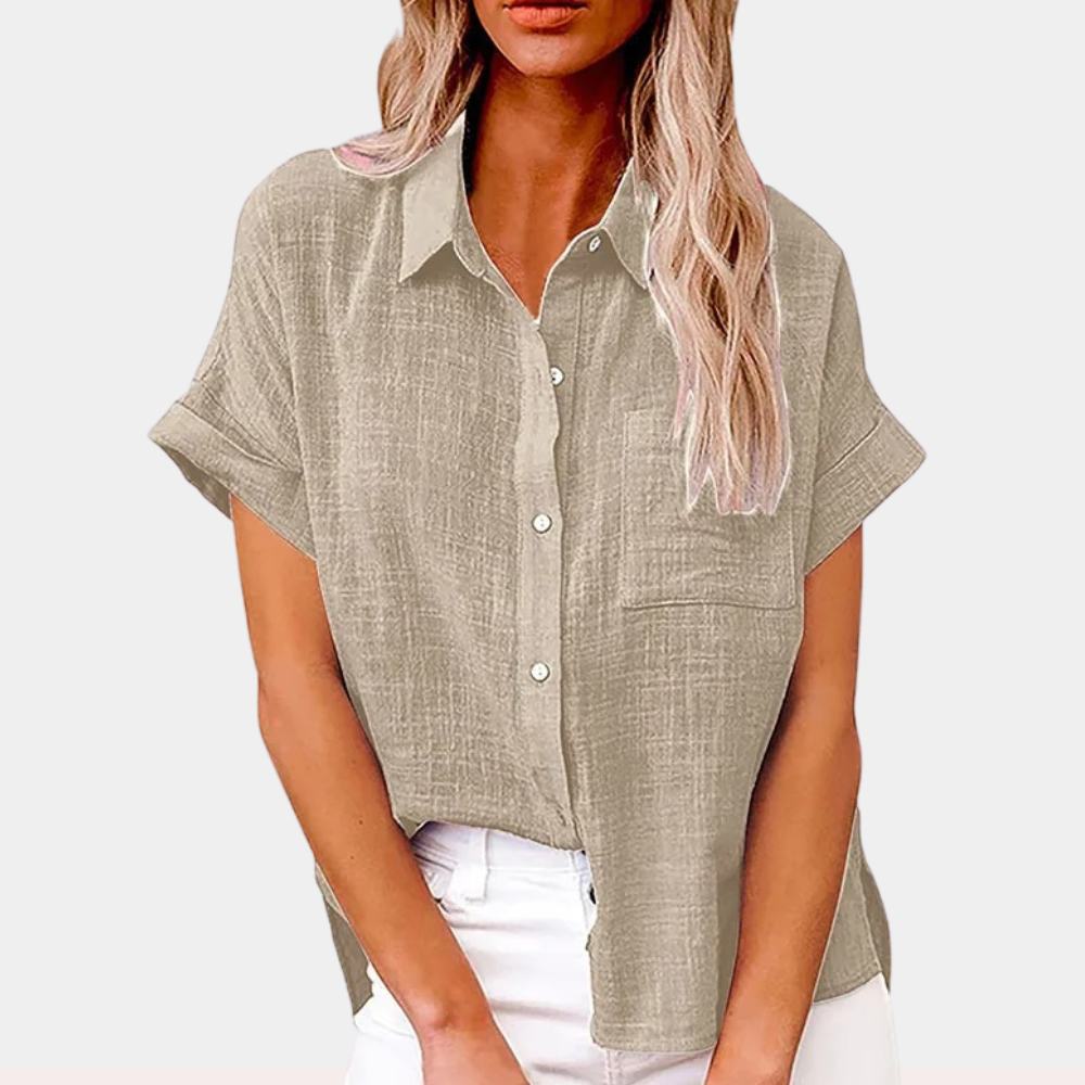 "Women's summer blouse with button-down front and classic collar, relaxed fit in light blue, front view."