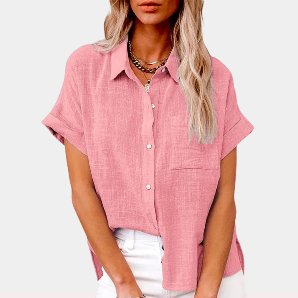 "Women's summer blouse with button-down front and classic collar, relaxed fit in light blue, front view."