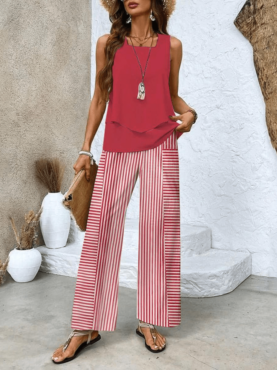 Women’s Summer Two - Piece Set with Layered Top & Wide - Leg Pants - Lexians