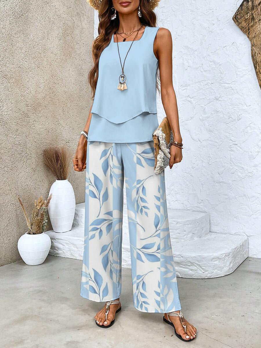 Women’s Summer Two - Piece Set with Layered Top & Wide - Leg Pants - Lexians