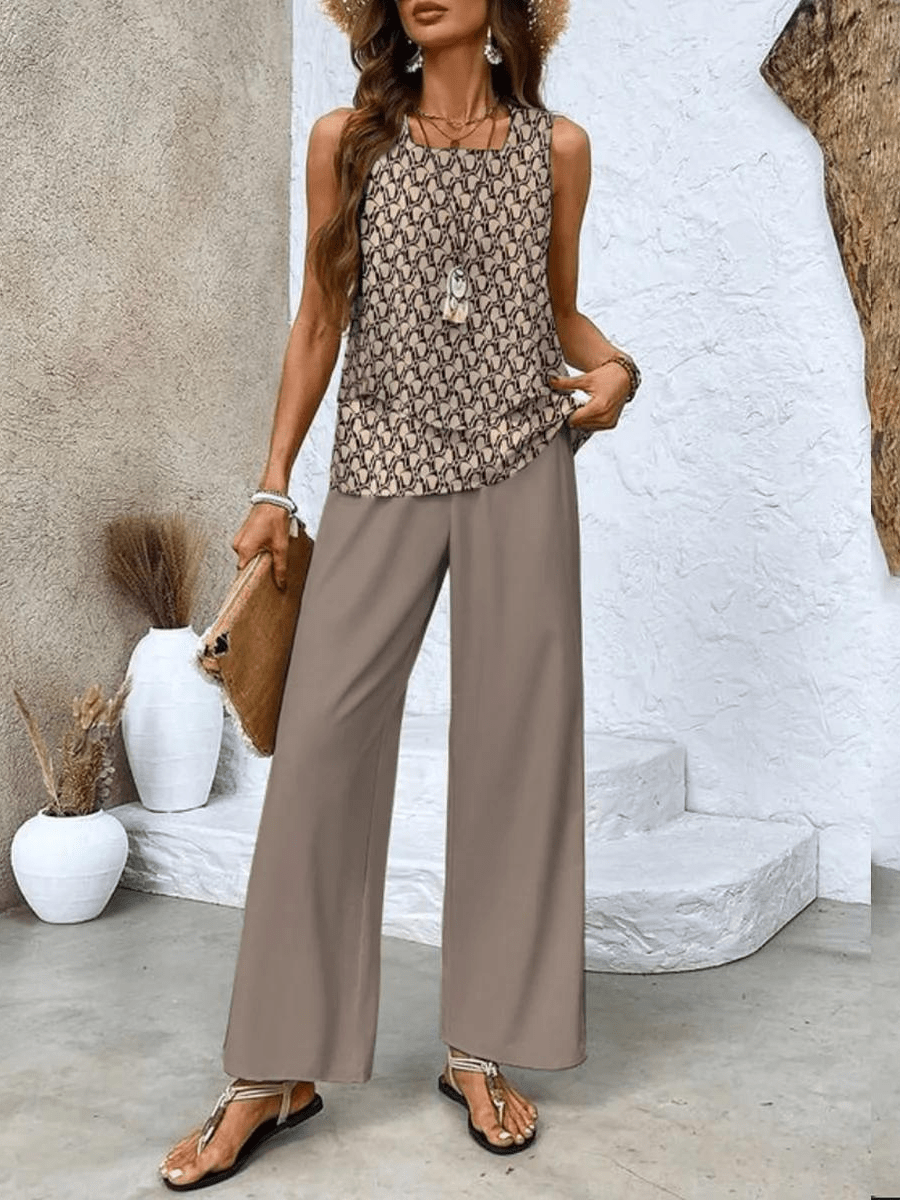 Women’s Summer Two - Piece Set with Layered Top & Wide - Leg Pants - Lexians