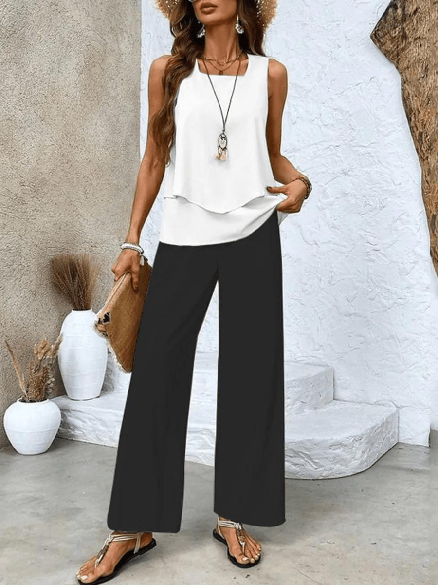 Women’s Summer Two - Piece Set with Layered Top & Wide - Leg Pants - Lexians