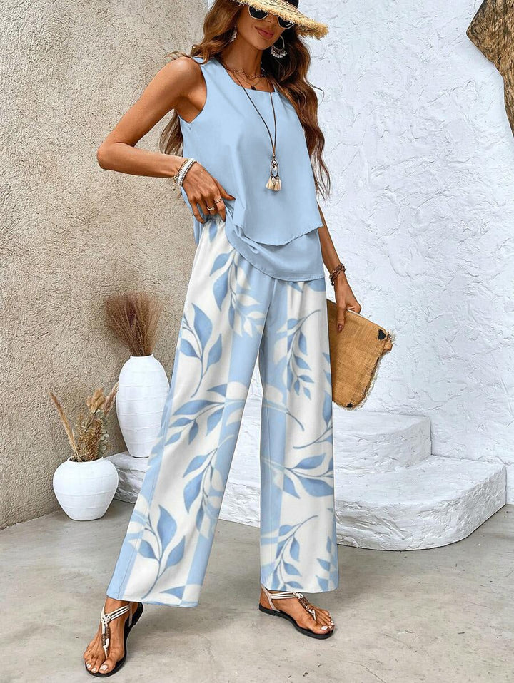 Women’s Summer Two - Piece Set with Layered Top & Wide - Leg Pants - Lexians
