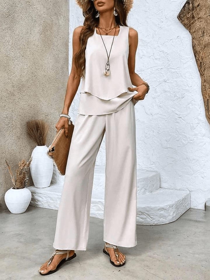 Women’s Summer Two - Piece Set with Layered Top & Wide - Leg Pants - Lexians