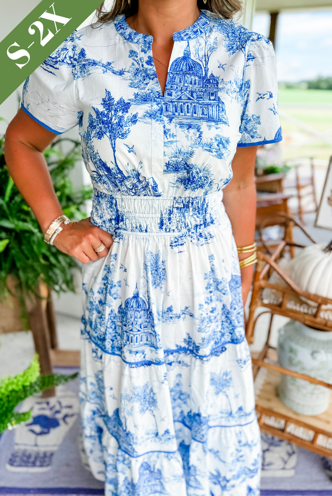 Women's toile print maxi dress with puff sleeves, showcases vintage charm with a scenic motif and fitted silhouette.