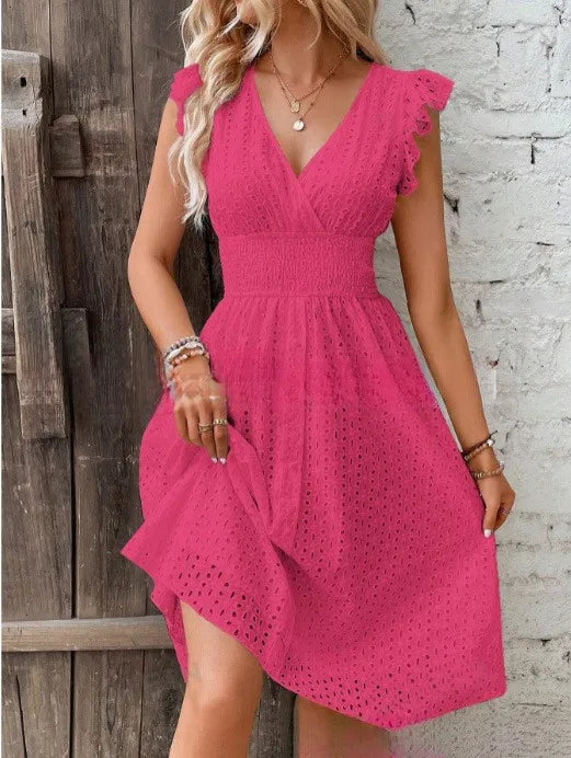 "Women's V-Neck eyelet summer dress with smocked waist, ruffled sleeves, and knee-length A-line in light fabric."