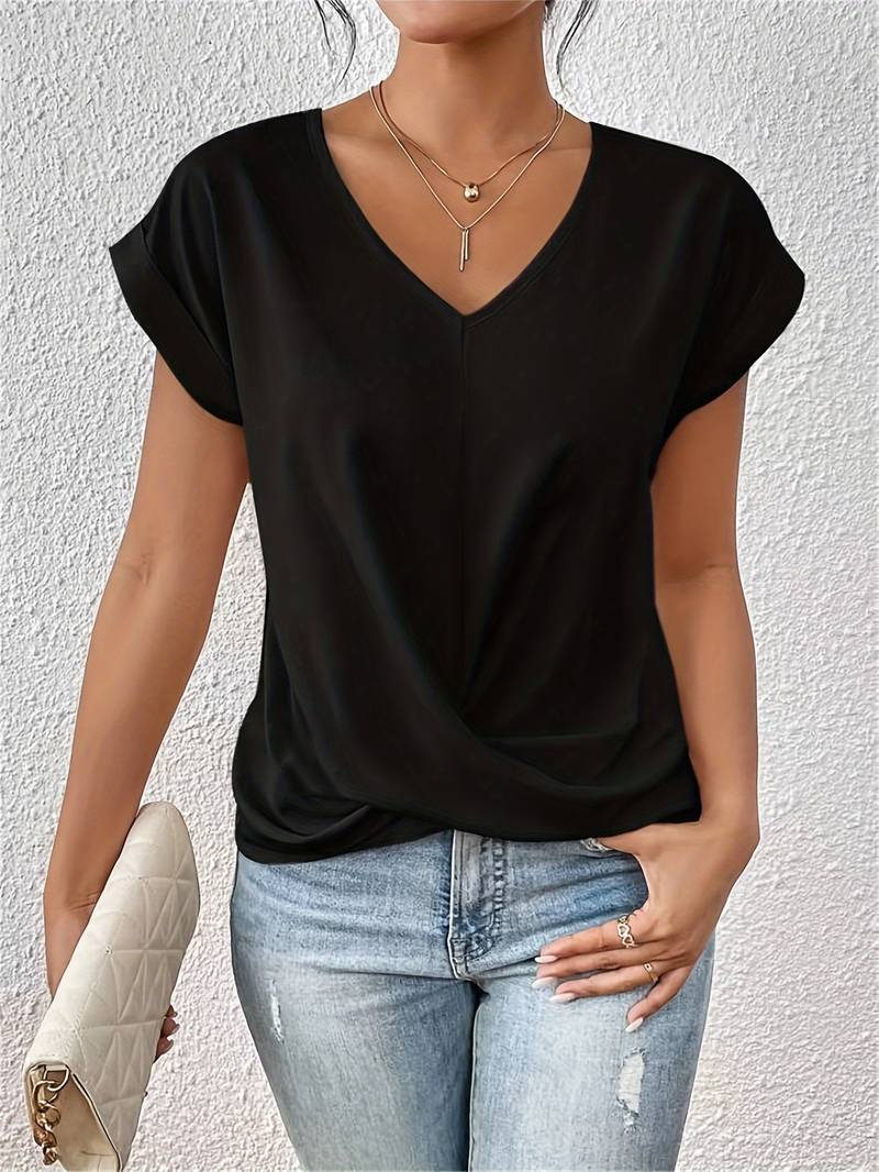 Women's v-neck twist-knot blouse, various colors, flowy fit with short sleeves, lightweight fabric.