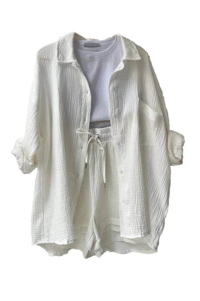 Women's vibrant summer lounge set featuring a button-up shirt and high-waist shorts in a bold, casual style.