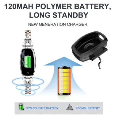 Women's waterproof smart fitness bracelet with heart rate and blood pressure monitor, black alloy, LCD touchscreen display.