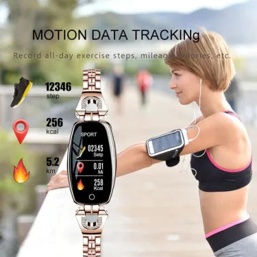 Women's waterproof smart fitness bracelet with heart rate and blood pressure monitor, black alloy, LCD touchscreen display.