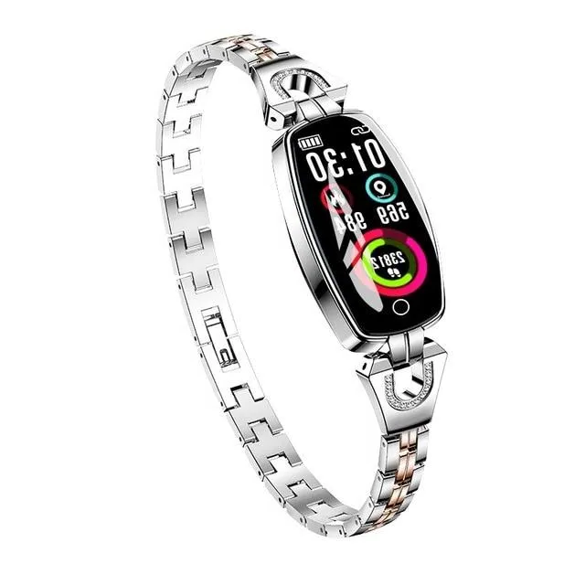 Women's waterproof smart fitness bracelet with heart rate and blood pressure monitor, black alloy, LCD touchscreen display.