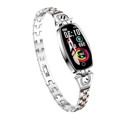 Women's waterproof smart fitness bracelet with heart rate and blood pressure monitor, black alloy, LCD touchscreen display.