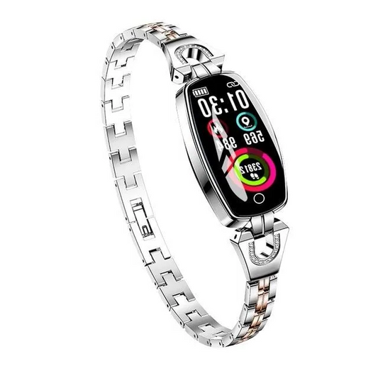 Women's waterproof smart fitness bracelet with heart rate and blood pressure monitor, black alloy, LCD touchscreen display.