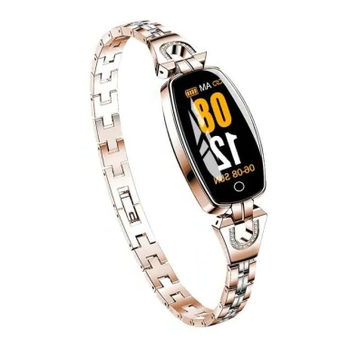 Women's waterproof smart fitness bracelet with heart rate and blood pressure monitor, black alloy, LCD touchscreen display.